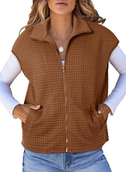 Women's Lightweight Waffle Knit Vest with Pockets and Stand-Up Collar NOVAE