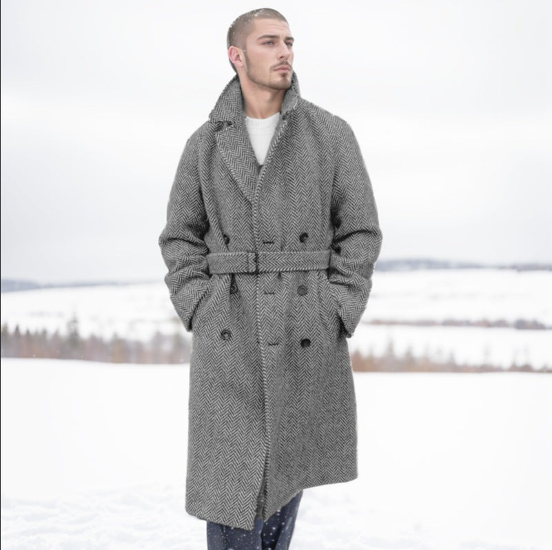 Men's wool coat with a stylish herringbone pattern NOVAE