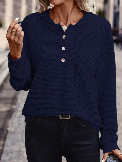 Women's hooded shirt with button placket and textured surface NOVAE