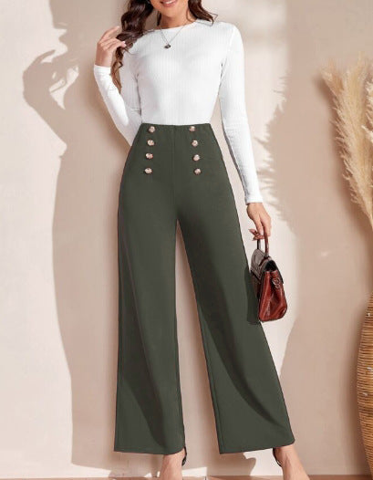 Women's High-Waisted Wide Leg Trousers with Decorative Buttons NOVAE