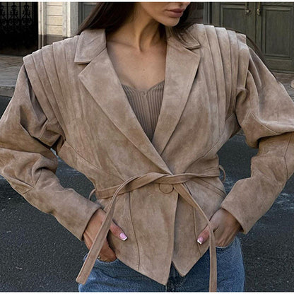 Women's fashionable blazer with smooth shoulder details and tie belt NOVAE