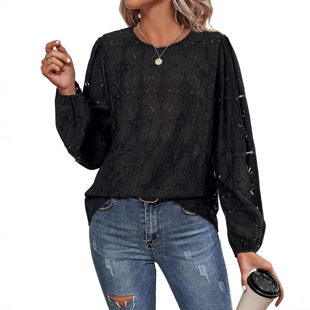 Women's stylish blouse shirt with floral openwork pattern and wide sleeves NOVAE