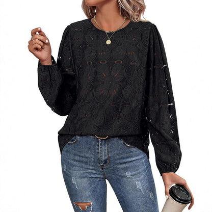Women's stylish blouse shirt with floral openwork pattern and wide sleeves NOVAE