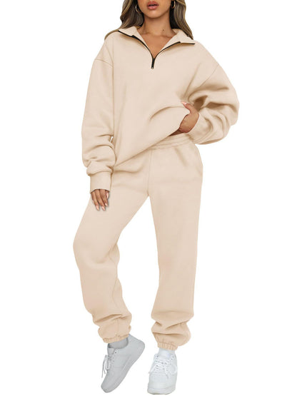Women's Cozy Leisure Suit with Stand-Up Collar and Zipper NOVAE