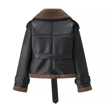 Women's trendy biker jacket with faux fur collar and belt NOVAE