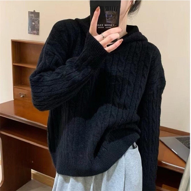 Women's Cozy Knit Sweater with Hood and Cable Pattern NOVAE