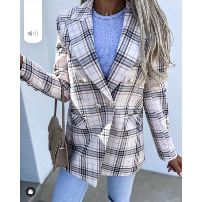 Women's checked blazer with double-breasted button fastening and elegant details NOVAE