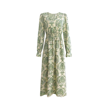 Women's long maxi dress with floral jacquard pattern and voluminous sleeves NOVAE