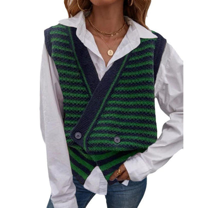 Women's knitted vest with fashionable striped pattern and double button closure NOVAE