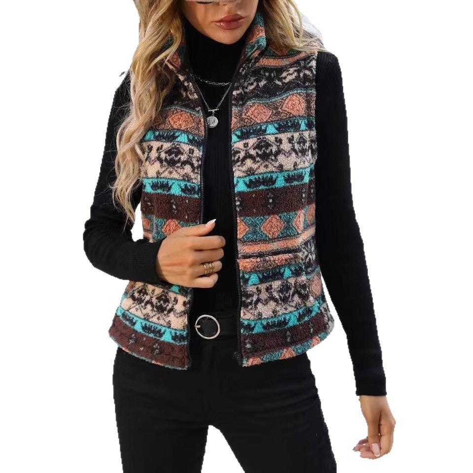 Women's plush vest with contemporary ethnic pattern and full-length zipper NOVAE