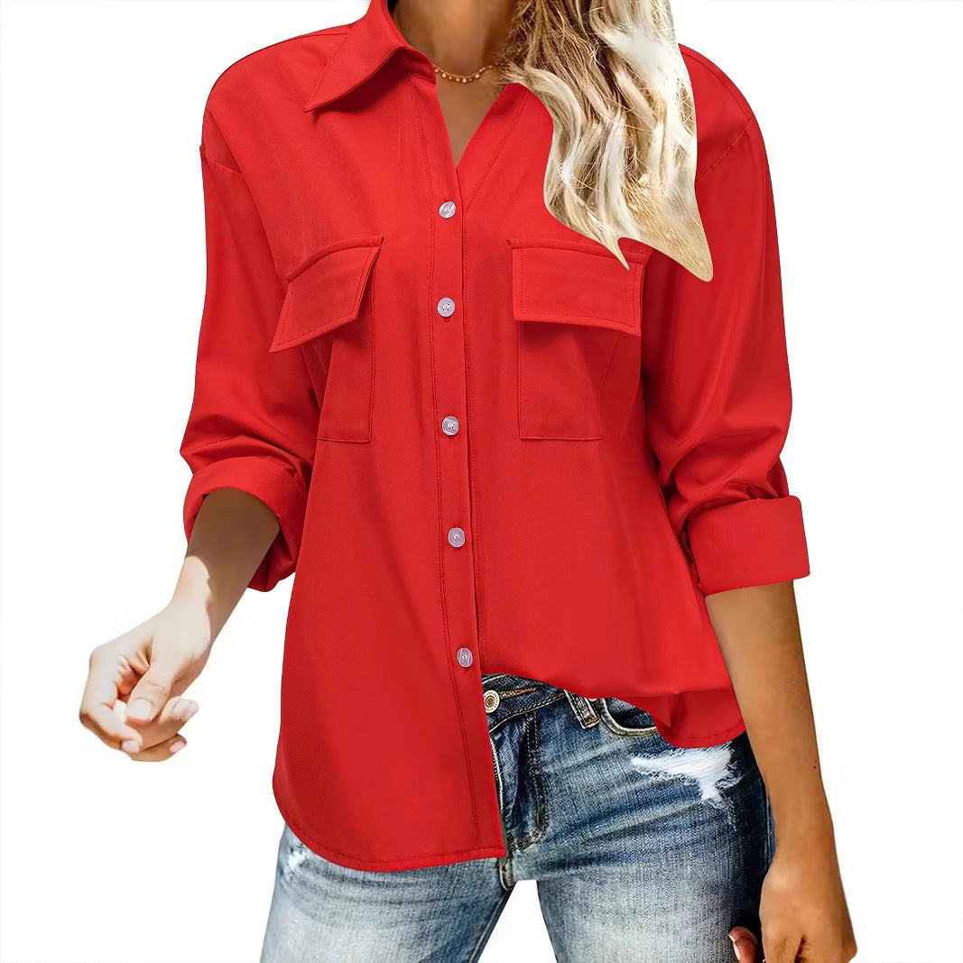 Women's casual long-sleeved blouse with practical chest pockets and button closure NOVAE