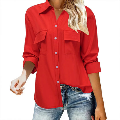 Women's casual long-sleeved blouse with practical chest pockets and button closure NOVAE