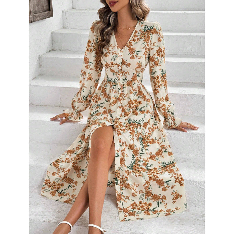 Women's maxi dress with floral patterns and long sleeves NOVAE
