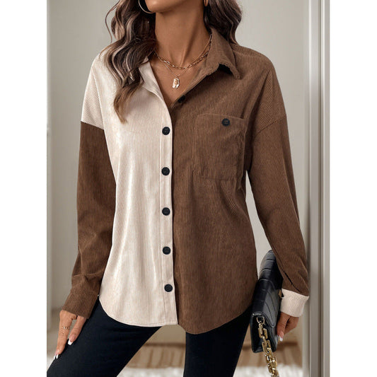 Women's corduroy blouse with fashionable color block design NOVAE