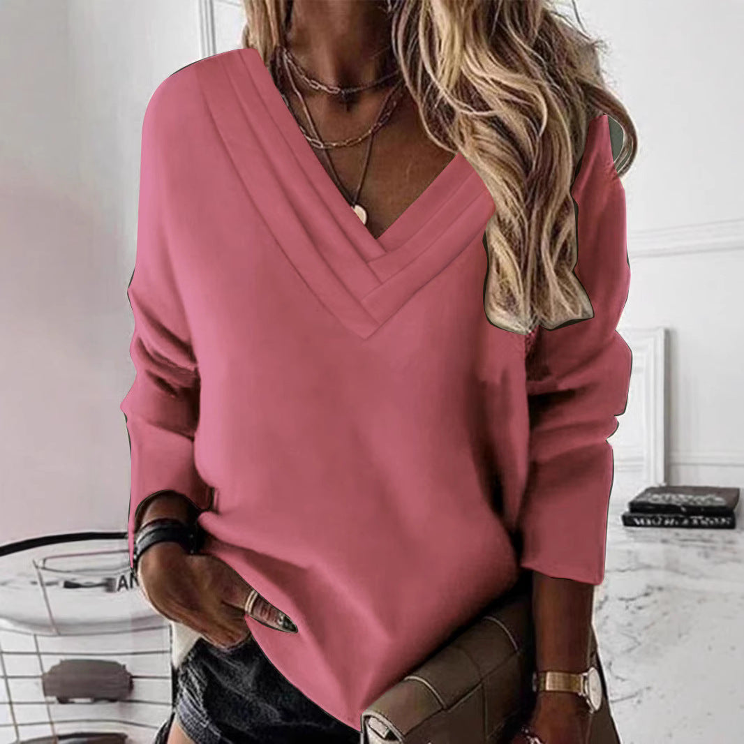 Women's V-neck sweatshirt with elegant pleated details NOVAE