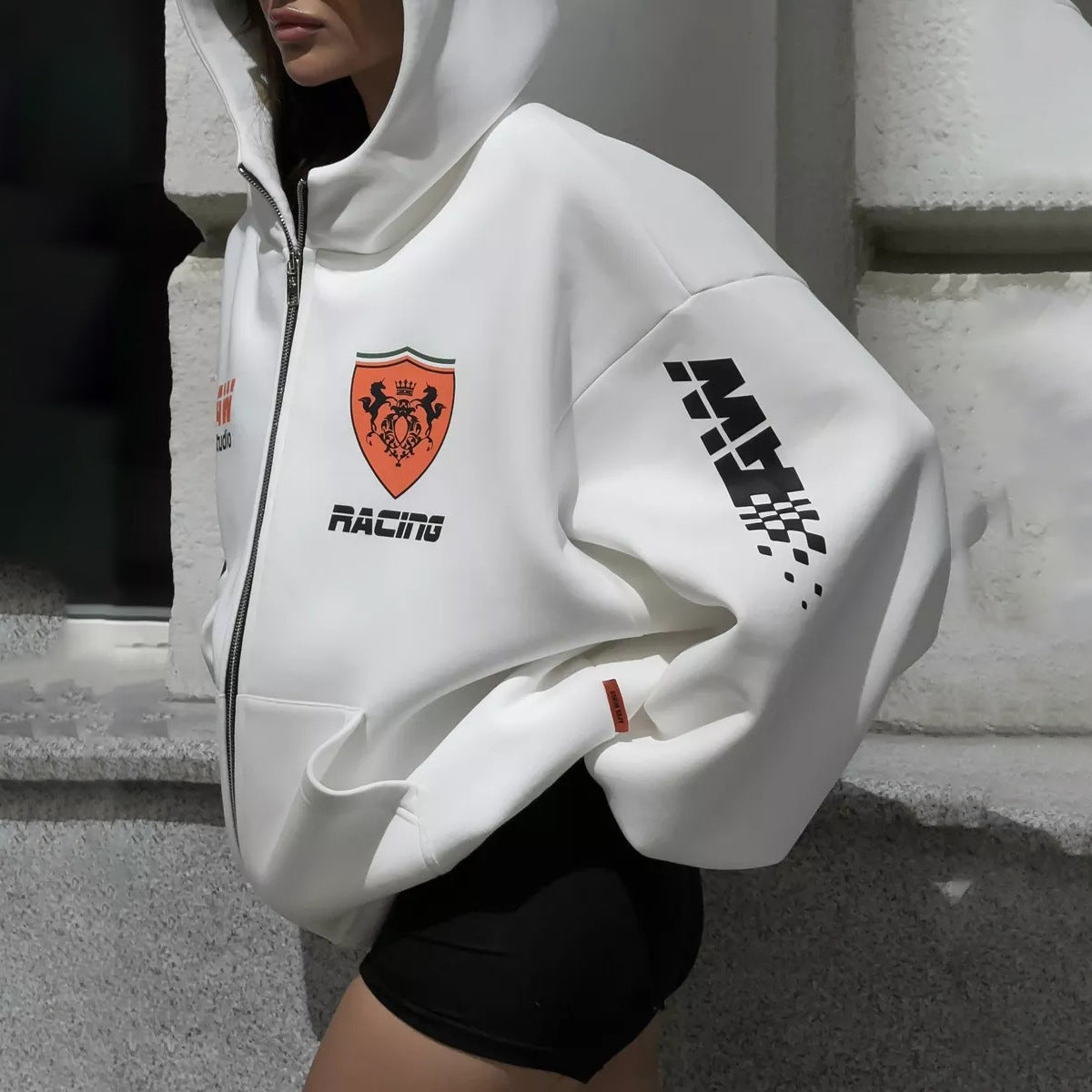 Women's oversized hooded jacket with graphic racing design NOVAE