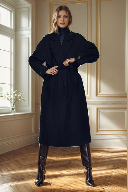 Women's stylish coat with wide collar and waist belt NOVAE