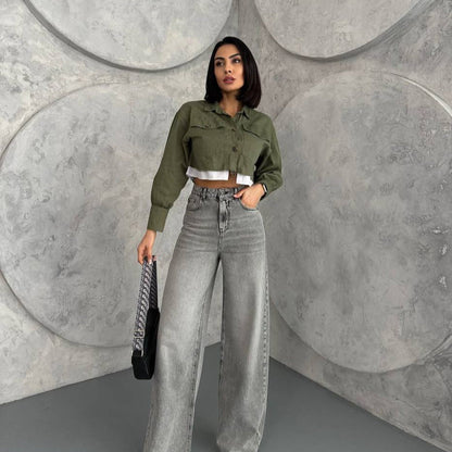 Women's cropped denim jacket with practical button closure and modern look NOVAE