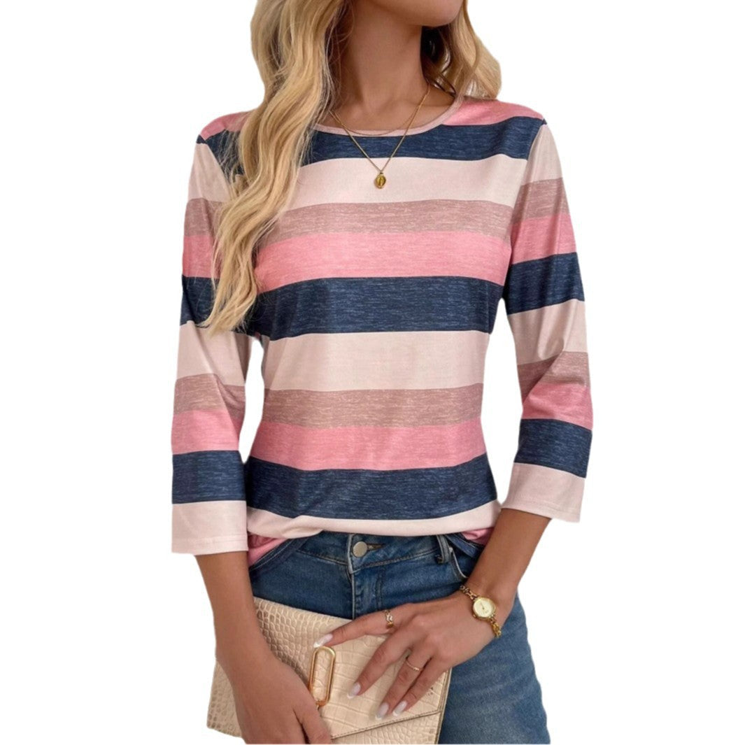 Women's striped top with 3/4 sleeves and wide round neck NOVAE