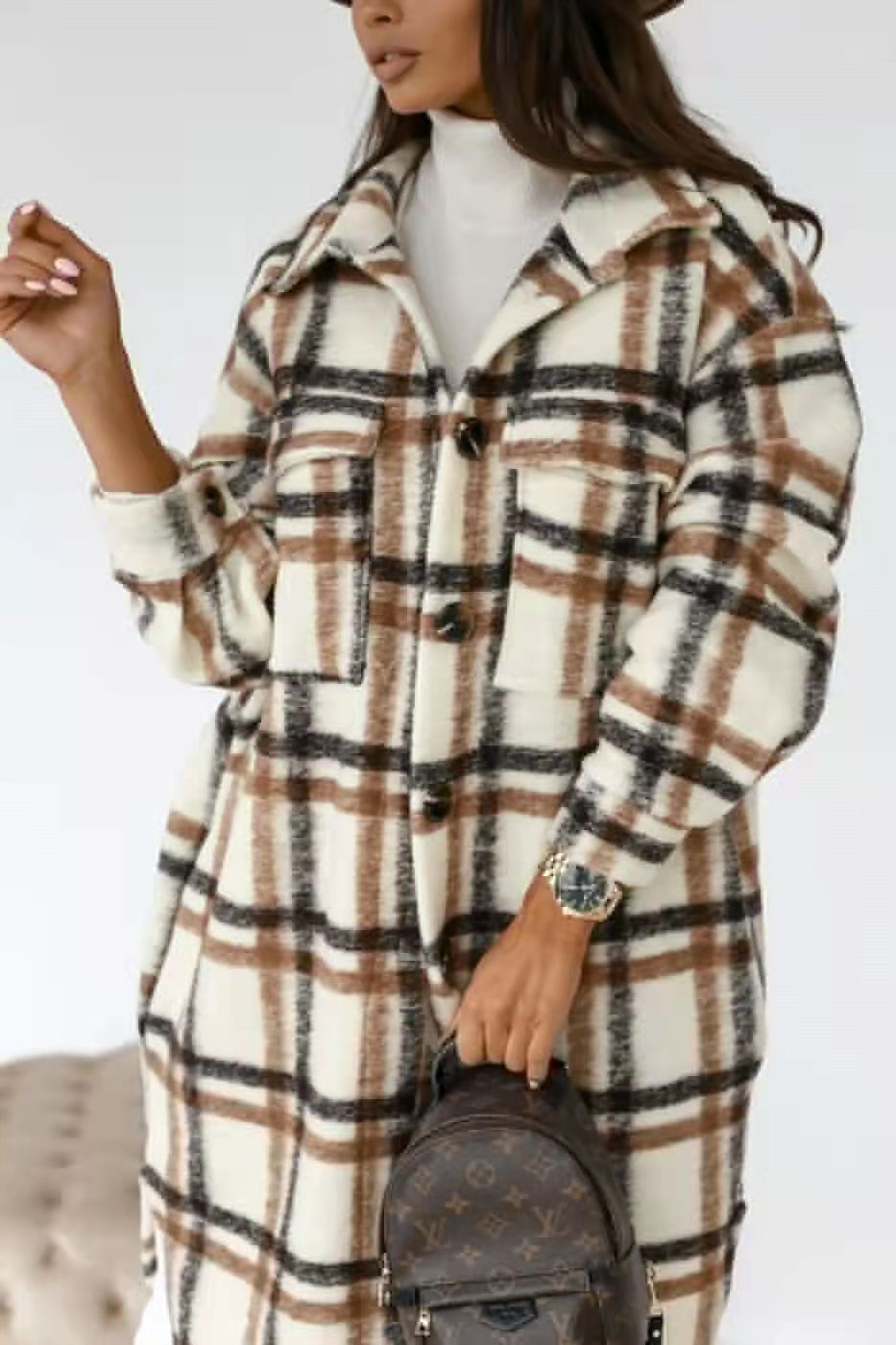 Women's Checkered Oversized Shirt Coat with Practical Pockets NOVAE