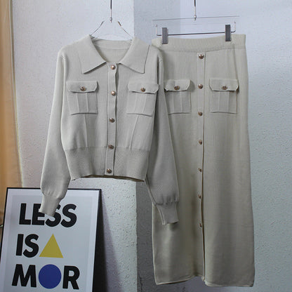 Women's structured knit ensemble with decorative pockets and button placket NOVAE