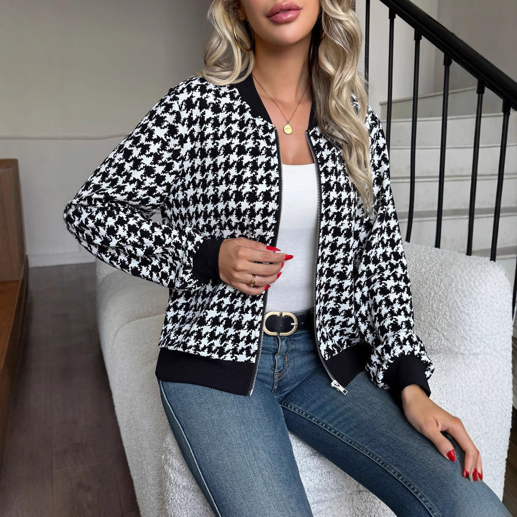 Women's fashionable bomber jacket with classic houndstooth pattern NOVAE