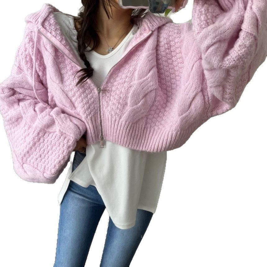 Women's Short Knit Sweater with Cable Pattern and Hood NOVAE