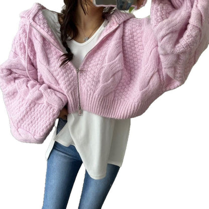 Women's Short Knit Sweater with Cable Pattern and Hood NOVAE