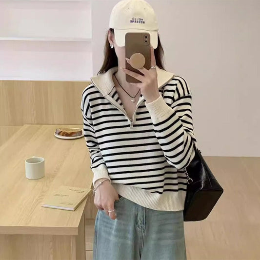 Women's knitted sweater with short zipper and fashionable striped pattern NOVAE