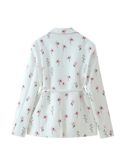 Women's tailored blazer with floral pattern and tie belt NOVAE
