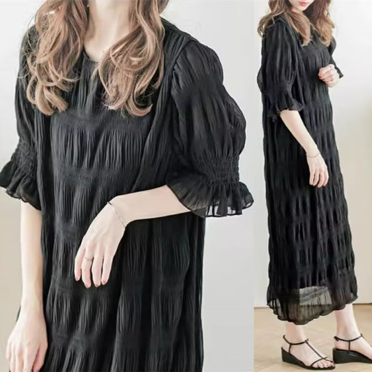 Women's casual maxi dress with elasticated puff sleeves and sophisticated textured design NOVAE