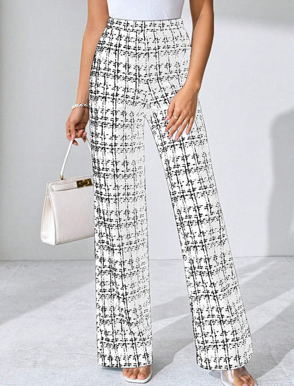 Women's High-Waisted Palazzo Trousers with Textured Check Pattern NOVAE
