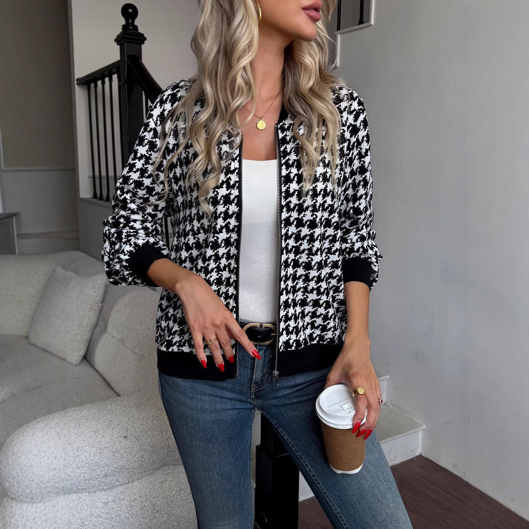 Women's fashionable bomber jacket with classic houndstooth pattern NOVAE