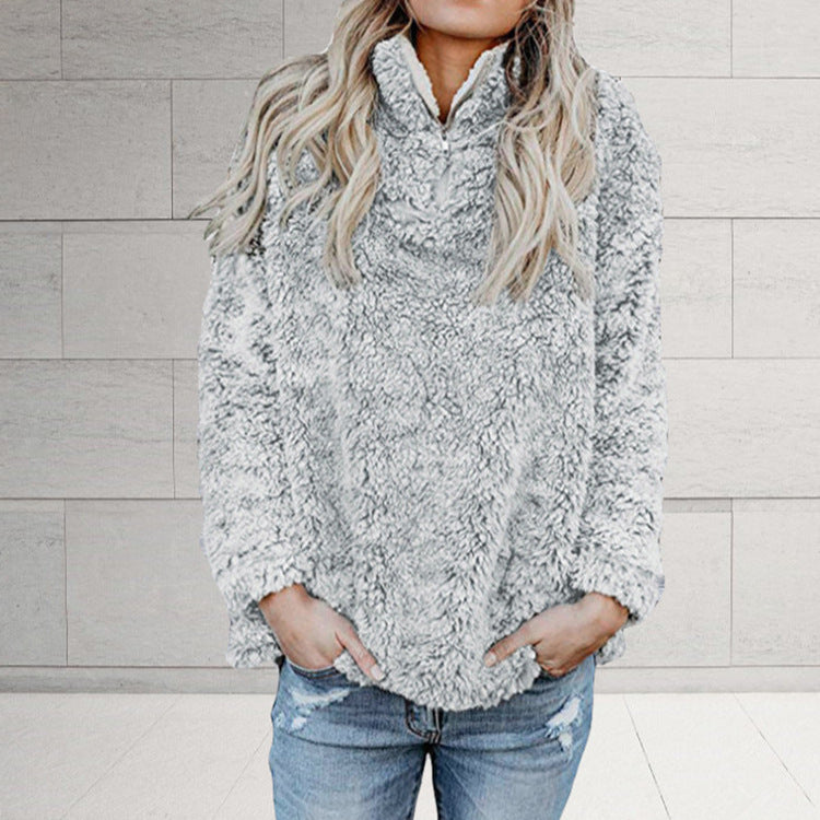 Women's Fluffy Fleece Pullover Jacket with High Collar and Zipper NOVAE
