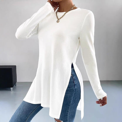 Women's oversized long-sleeved top with side slits and round neckline NOVAE