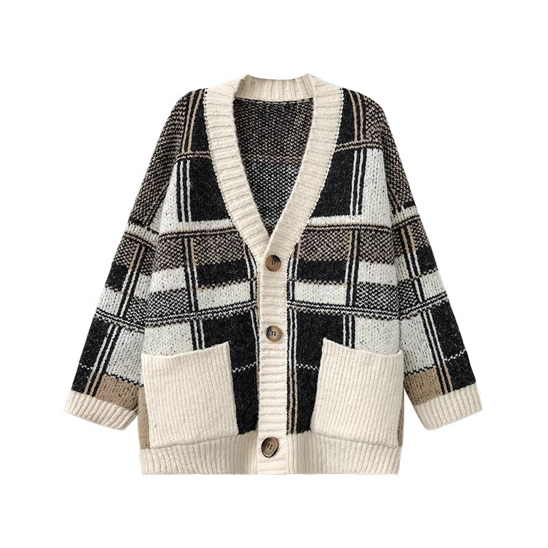 Women's Fashionable Oversized Cardigan with Check Pattern NOVAE