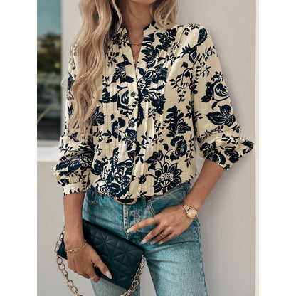 Women's blouse with floral motifs and elegant ruching NOVAE