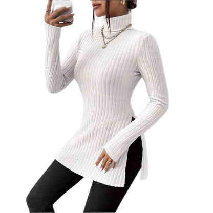 Women's knitted top with high collar and side slits NOVAE