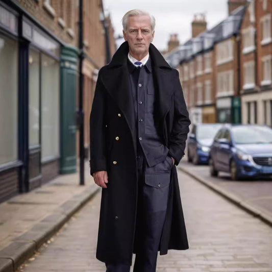 Men's elegant long coat with double-breasted front and wide lapels NOVAE