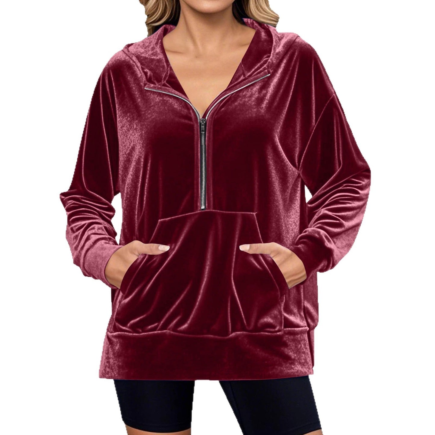 Women's velour hoodie with high collar and practical pockets NOVAE
