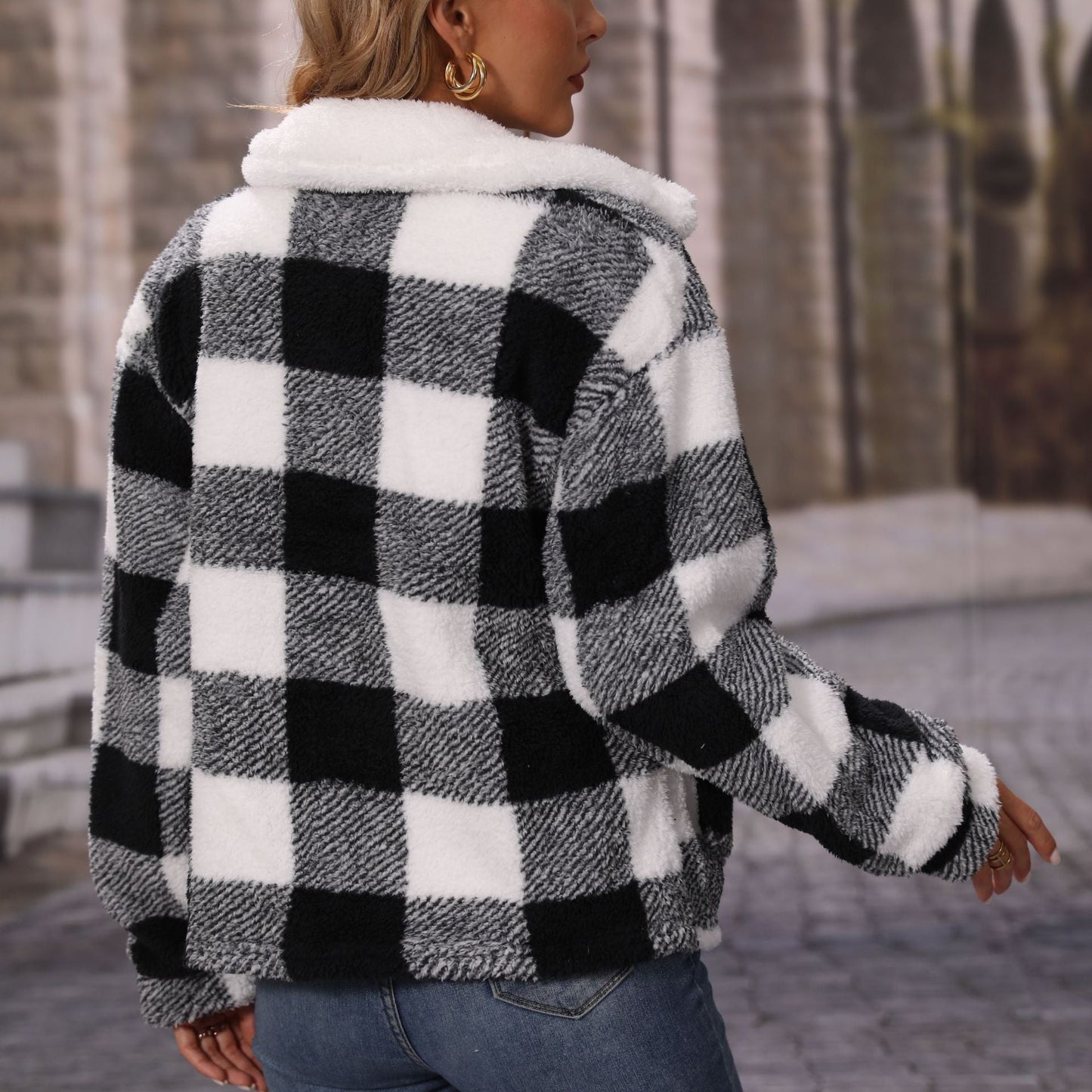 Women's Cozy Check Jacket with Asymmetrical Zipper NOVAE