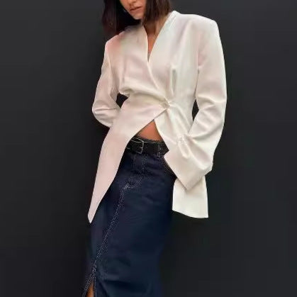 Women's elegant blazer jacket with structured satin material NOVAE