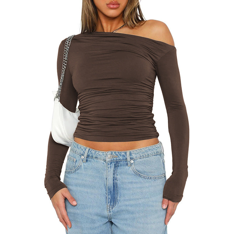 Women's fitted long-sleeved shirt with asymmetrical neckline and ruching NOVAE