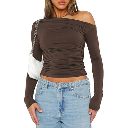 Women's fitted long-sleeved shirt with asymmetrical neckline and ruching NOVAE