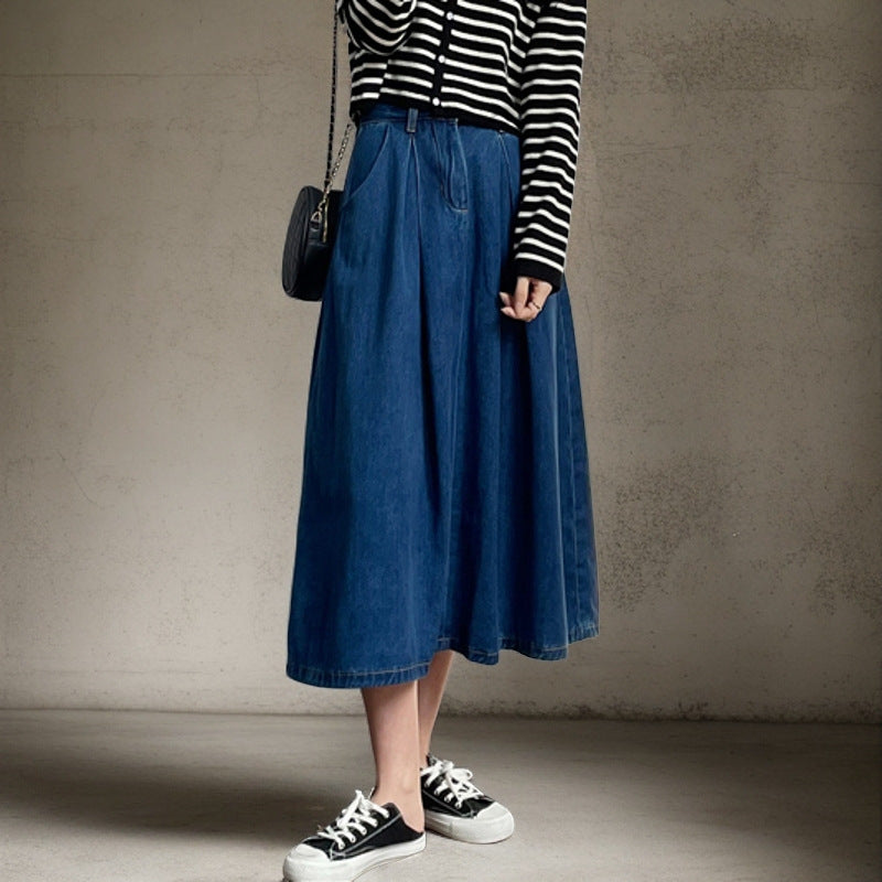 Women's Long Denim Skirt with Pleats and Side Pockets NOVAE