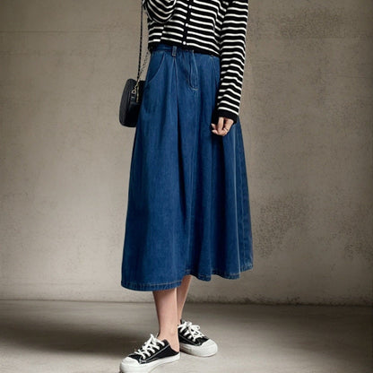 Women's Long Denim Skirt with Pleats and Side Pockets NOVAE