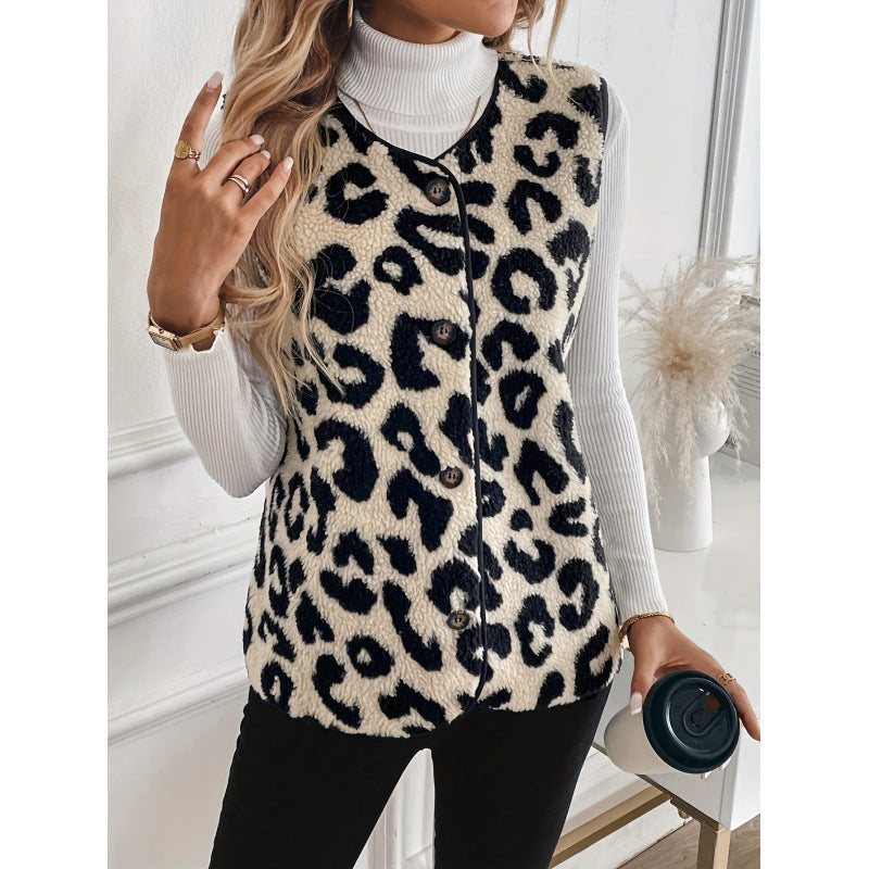 Women's fur vest with leopard print and button closure NOVAE