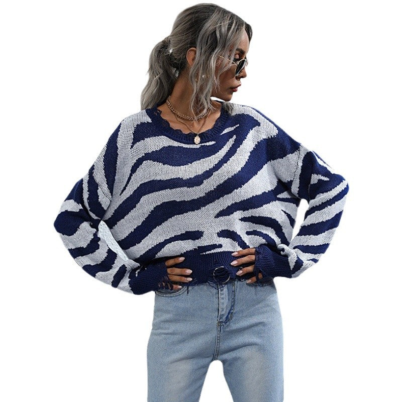 Women's oversized knit sweater with a modern zebra design and a relaxed fit NOVAE