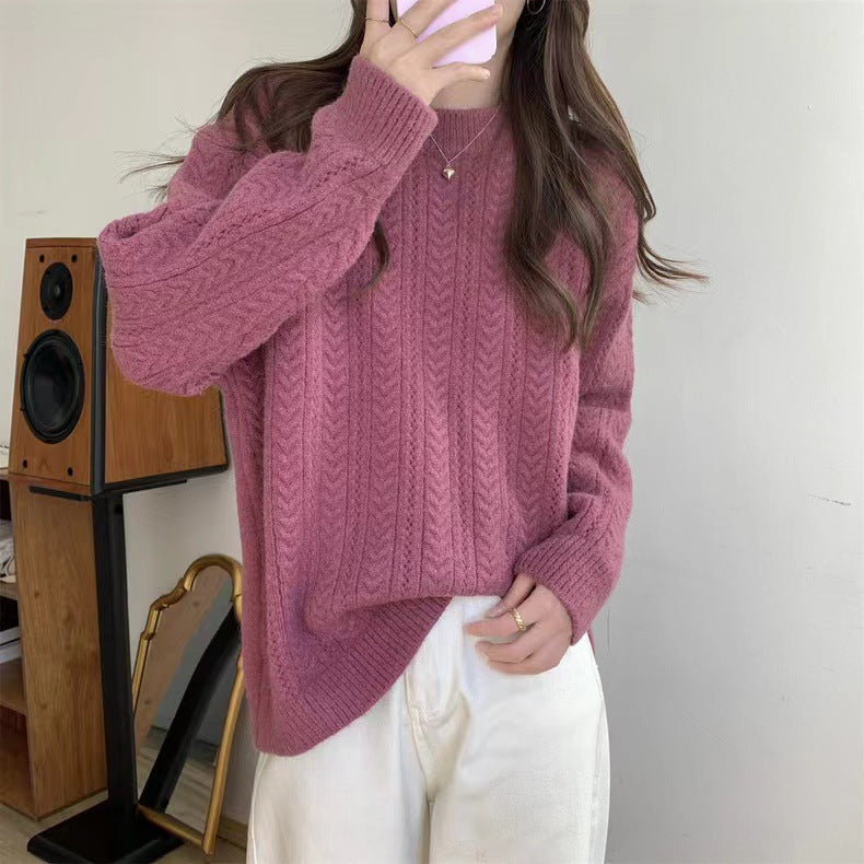 Women's chunky knit sweater with modern cable pattern and high round neckline NOVAE