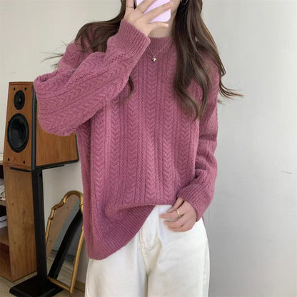 Women's chunky knit sweater with modern cable pattern and high round neckline NOVAE